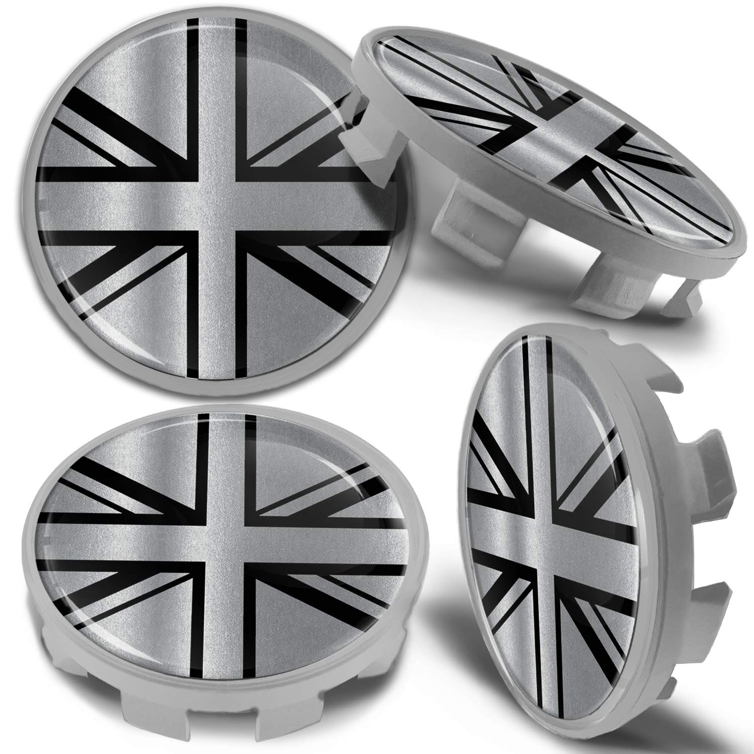 Biomar Labs 4 x 68mm Felgendeckel Nabenkappen Nabendeckel Kappen Radnabendeckel Nabendeckung Radkappen Kompatibel für Artikelnummer 36136783536 Alufelgen Deckel UK Union Jack Flagge Silber CBS 9 von Biomar Labs