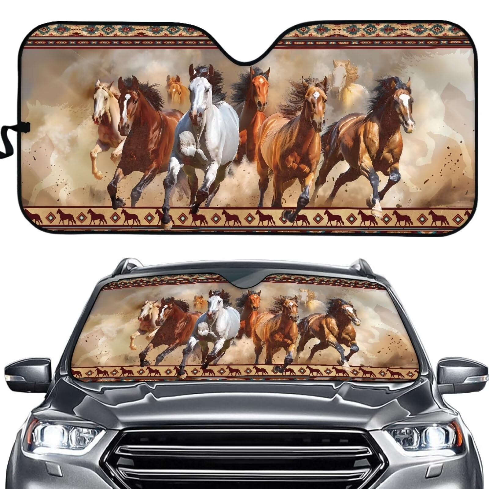 Biyejit Aztec Tribal Horse Auto Windschutzscheibe Sonnenschutz Faltbare Windschutzscheibe Sonnenschutz Sonnenblende Reflektierende Auto Sonnenblende UV Strahlen Reflektor für Sonnenschutz und von Biyejit