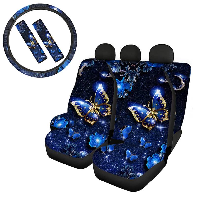 Biyejit Blue Butterfly Galaxy Auto-Innenzubehör, vollständiges Set, 7-teilig, Universal Auto Vorder- und Rücksitzbezüge, Schutz + dehnbarer Lenkradbezug + Sicherheitsgurtbezüge von Biyejit