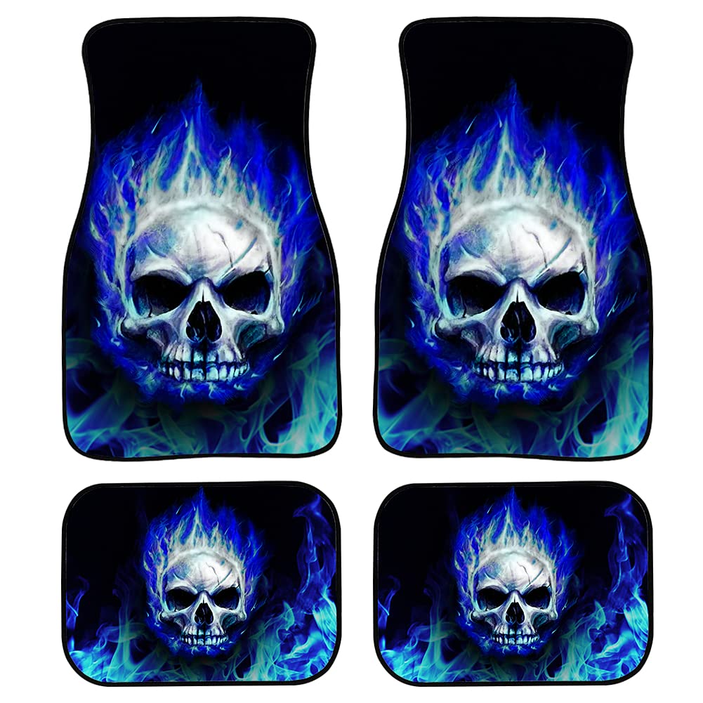 Biyejit Blue Fire Skull Auto-Fußmatten, Set mit 4 Stück, für Vorder- und Rücksitze, robuste Gummi-Rückseite, universelle Passform, SUV-Innenzubehör von Biyejit