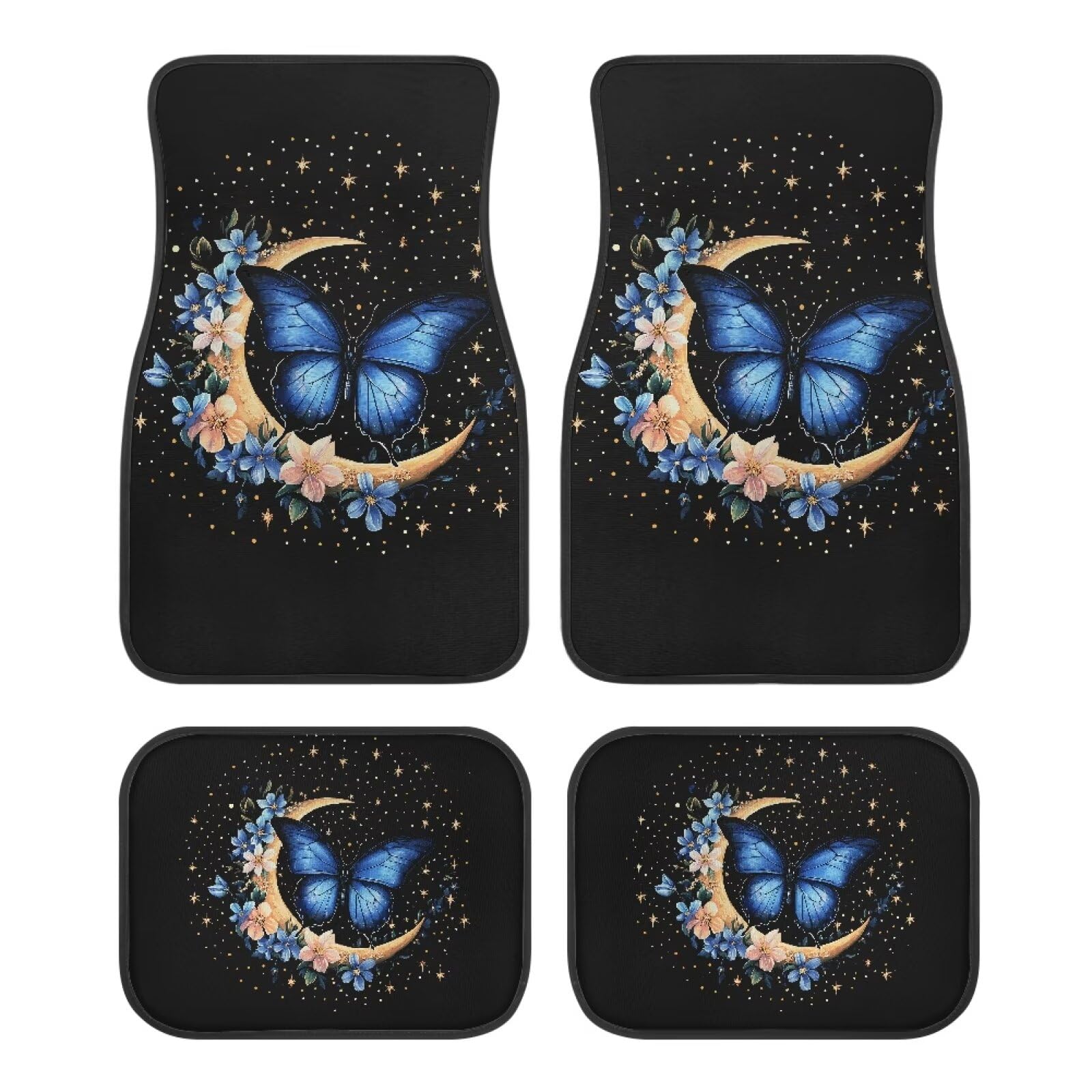 Biyejit Butterfly Moon Auto Fußmatten Set Anti-Rutsch Auto Boden Teppich Pad Allwetter Fußmatte Auto Zubehör Universal für Autos SUV LKW Auto 4 Stück von Biyejit