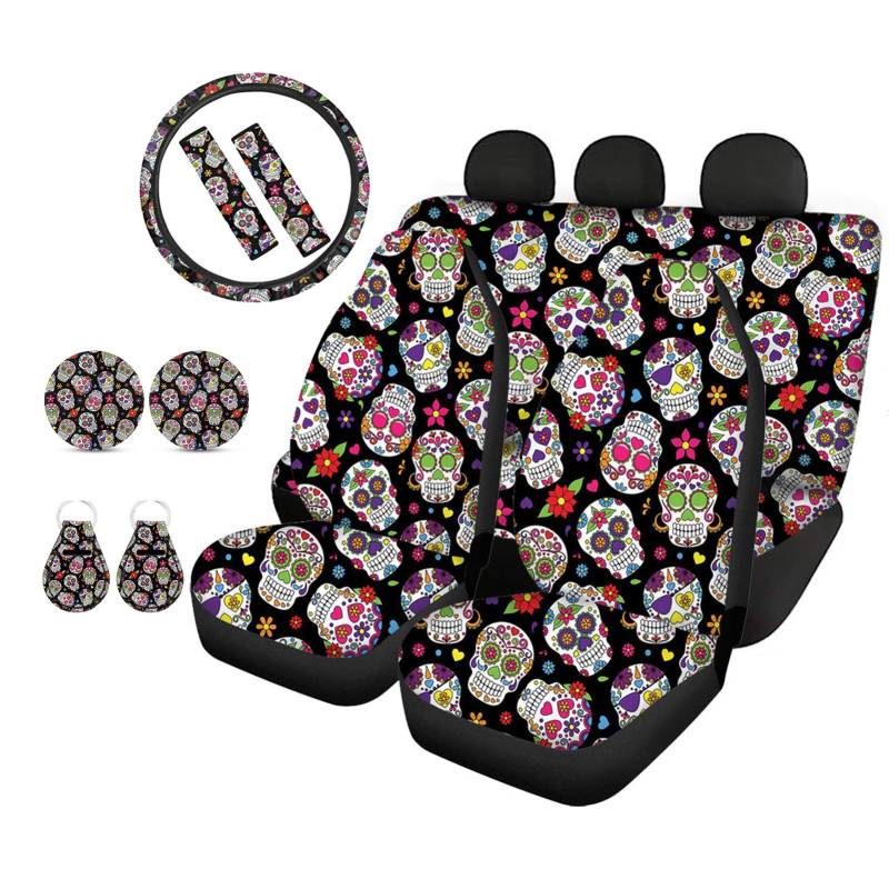 Biyejit Candy Skull Auto-Sitzbezüge Universal vorne und hinten Komplett-Set mit Lenkradbezug + Gurtband + Untersetzer + Schlüsselanhänger, 11-teiliges Auto-Zubehör für Auto SUV, waschbar von Biyejit