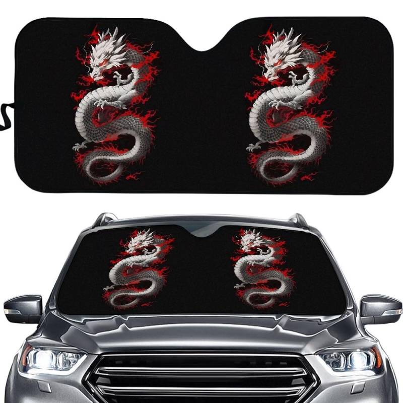 Biyejit Dragon Auto Windschutzscheibe Sonnenschutz Faltbare Auto Windschutzscheibe Abdeckung Reflektierende Frontscheibe Sonnenschutz UV Ray Reflektor Universal für die meisten Limousinen SUV LKW Auto von Biyejit