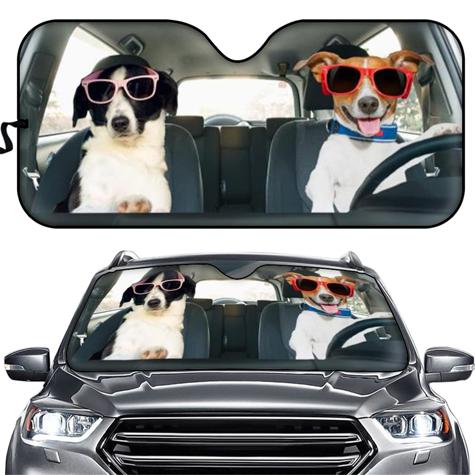 Biyejit Funny Driving Dogs Print Auto Windschutzscheibe Sonnenschutz Frontscheibe Auto Sonnenschutz für Windschutzscheibe – blockiert UV-Strahlen Sonnenblende Schutz, Faltbarer Sonnenreflektor von Biyejit