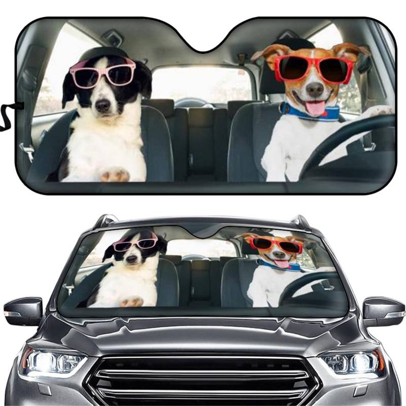 Biyejit Funny Driving Dogs Print Auto Windschutzscheibe Sonnenschutz Frontscheibe Auto Sonnenschutz für Windschutzscheibe – blockiert UV-Strahlen Sonnenblende Schutz, Faltbarer Sonnenreflektor von Biyejit