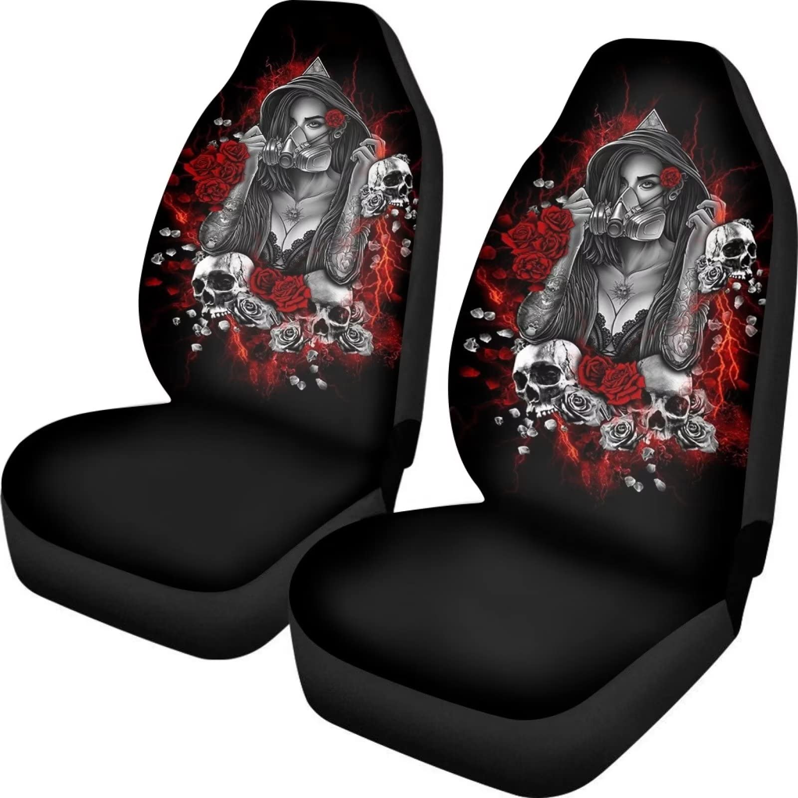 Biyejit Gothic Damen Autositzbezüge mit Rosen-Totenkopf-Motiv, nur Vordersitze, komplettes Set mit 2 Stück, universelle Passform, für Auto, LKW, SUV oder Van von Biyejit