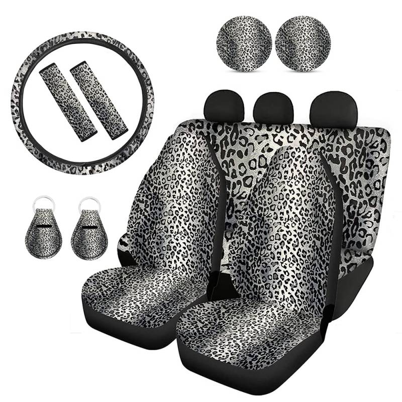 Biyejit Grau Leopard Print Autositzbezug Schutz 4 Sitzbezug Komplett Set 11-teilig mit Lenkradbezug + Sicherheitsgurtbandabdeckung + Auto Cup Untersetzer + Schlüsselanhänger Universal Fit von Biyejit