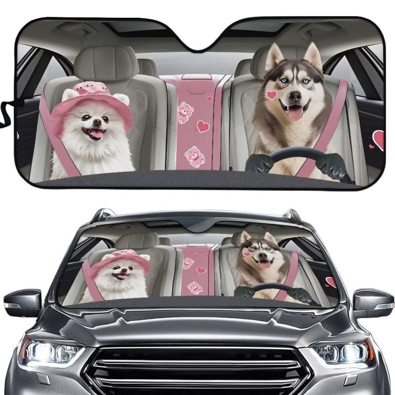 Biyejit Husky Dogs Auto-Windschutzscheiben-Sonnenschutz, faltbar, Sonnenblende, interner Sonnenschutz, UV-Reflektor, universell für die meisten Limousinen, SUVs, LKWs, Auto hält das Auto kühl von Biyejit