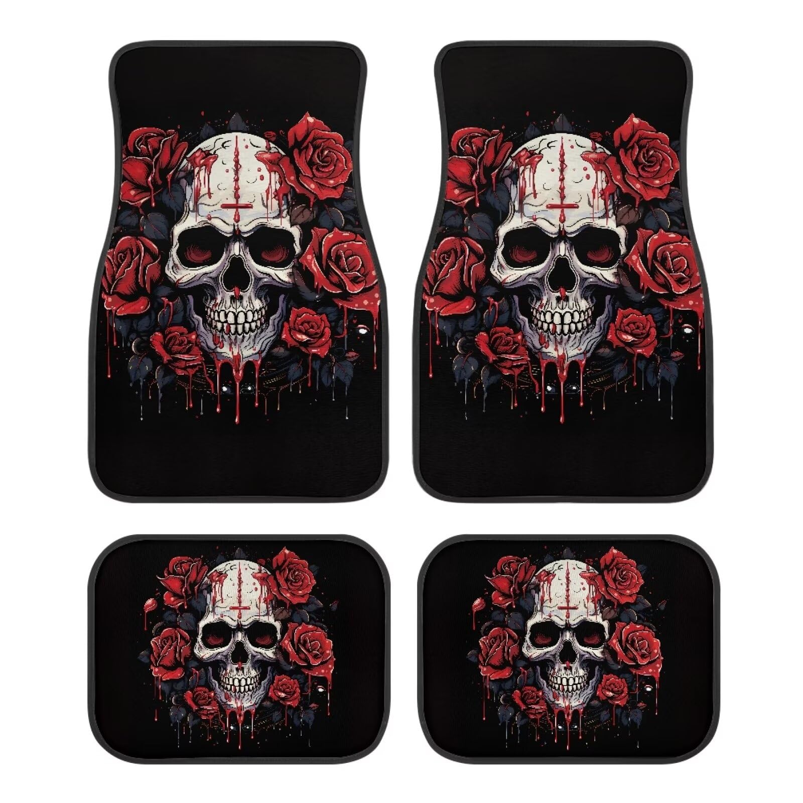 Biyejit Skull Rose Auto Fußmatten Set Anti-Rutsch Auto Boden Teppich Pad Dekorative Fußmatte Autozubehör Universal Fit für Auto SUV LKW Van 4 Stück von Biyejit