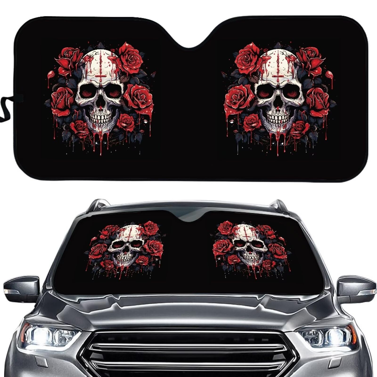 Biyejit Skull Rose Auto Windschutzscheibe Sonnenschutz Faltbare Auto Windschutzscheibe Abdeckung Auslaufsicher Auto Visier UV Ray Reflektor Universal für die meisten Limousinen SUV LKW Auto Halten von Biyejit