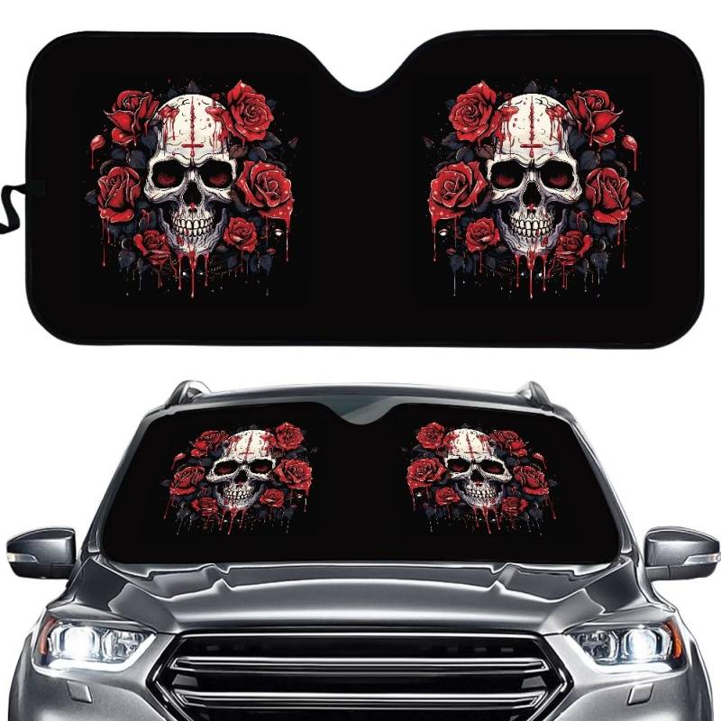 Biyejit Skull Rose Auto Windschutzscheibe Sonnenschutz Faltbare Auto Windschutzscheibe Abdeckung Auslaufsicher Auto Visier UV Ray Reflektor Universal für die meisten Limousinen SUV LKW Auto Halten von Biyejit