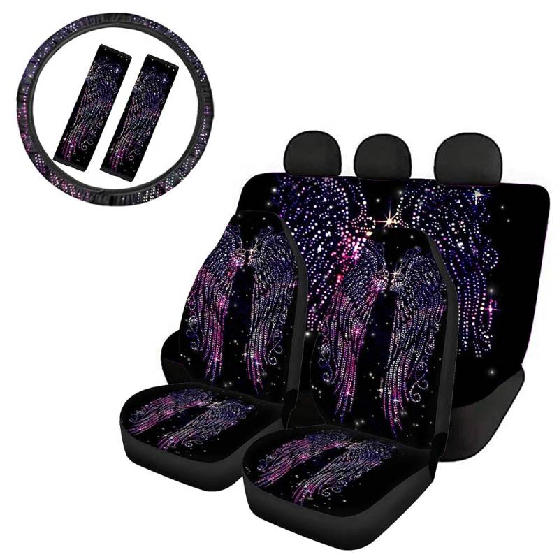 Biyejit Starry Wings Autositzbezüge für komplettes Set mit 2 Sicherheitsgurtpolstern & Universal 38,1 cm Lenkradbezug passend für Autos, Lkw, SUV, Van, Auto-Innensitzbezug Schutz von Biyejit