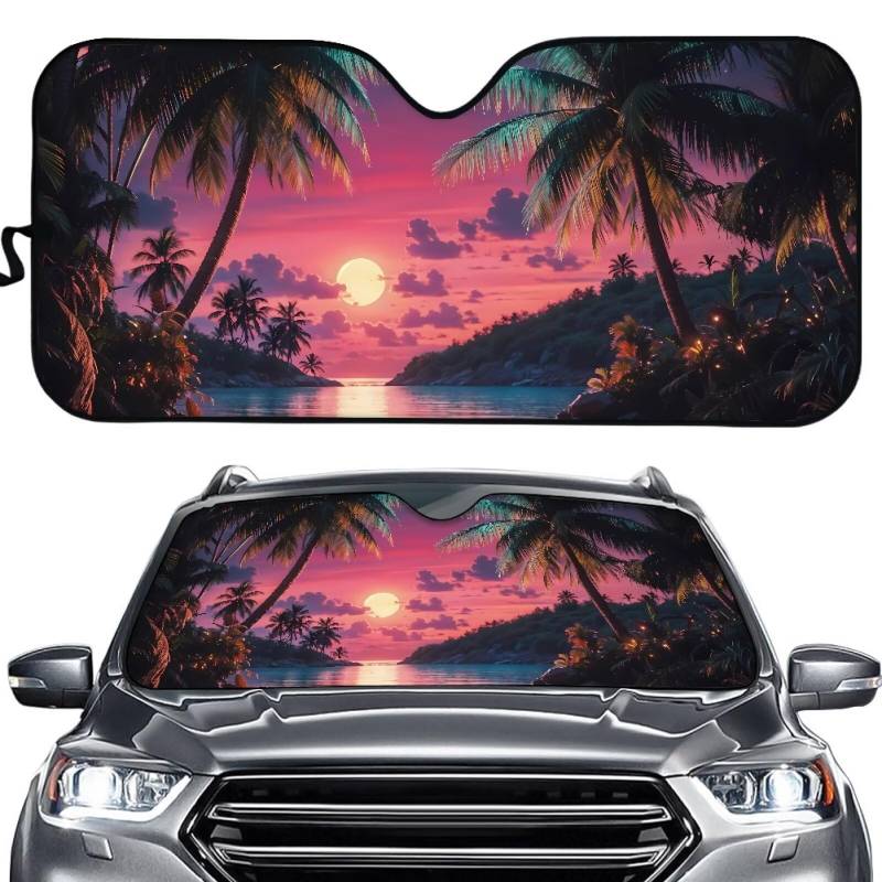 Biyejit Sunset Palms Auto Windschutzscheibe Sonnenschutz Faltbare Auto Windschutzscheibe Abdeckung Reflektierend Auto Sonnenschutz UV Strahlen Reflektor Universal für die meisten Limousinen SUV LKW von Biyejit