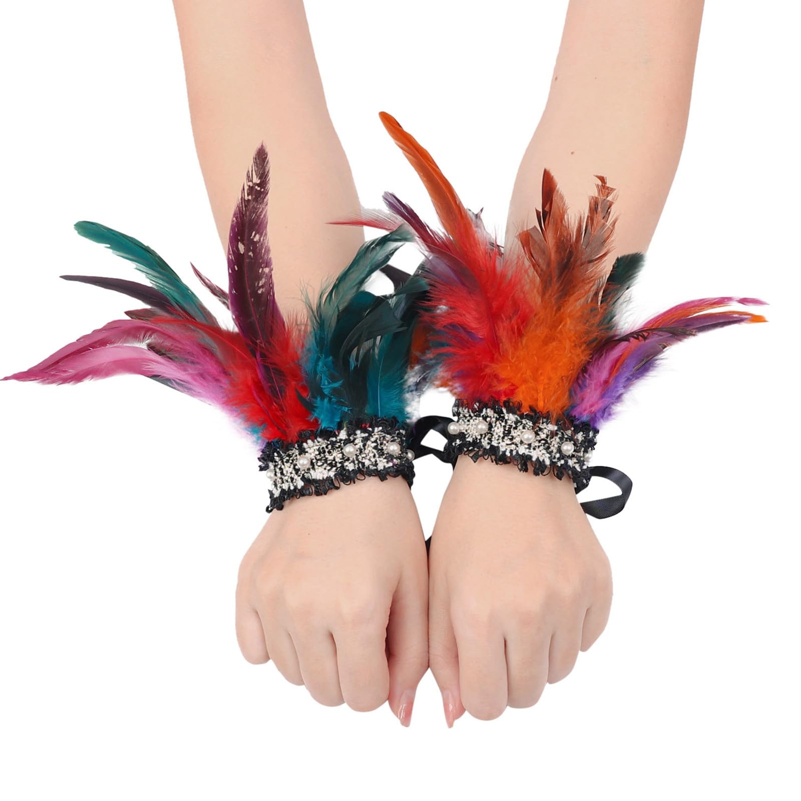 Bkazwe Damen Feder Manschetten Verstellbare Feder-Handgelenkmanschetten Manschetten Federn Gothic Federarmbänder Schwarze Spitze Manschetten Karneval Feder Manschetten Faschings Halloween Kostüm von Bkazwe