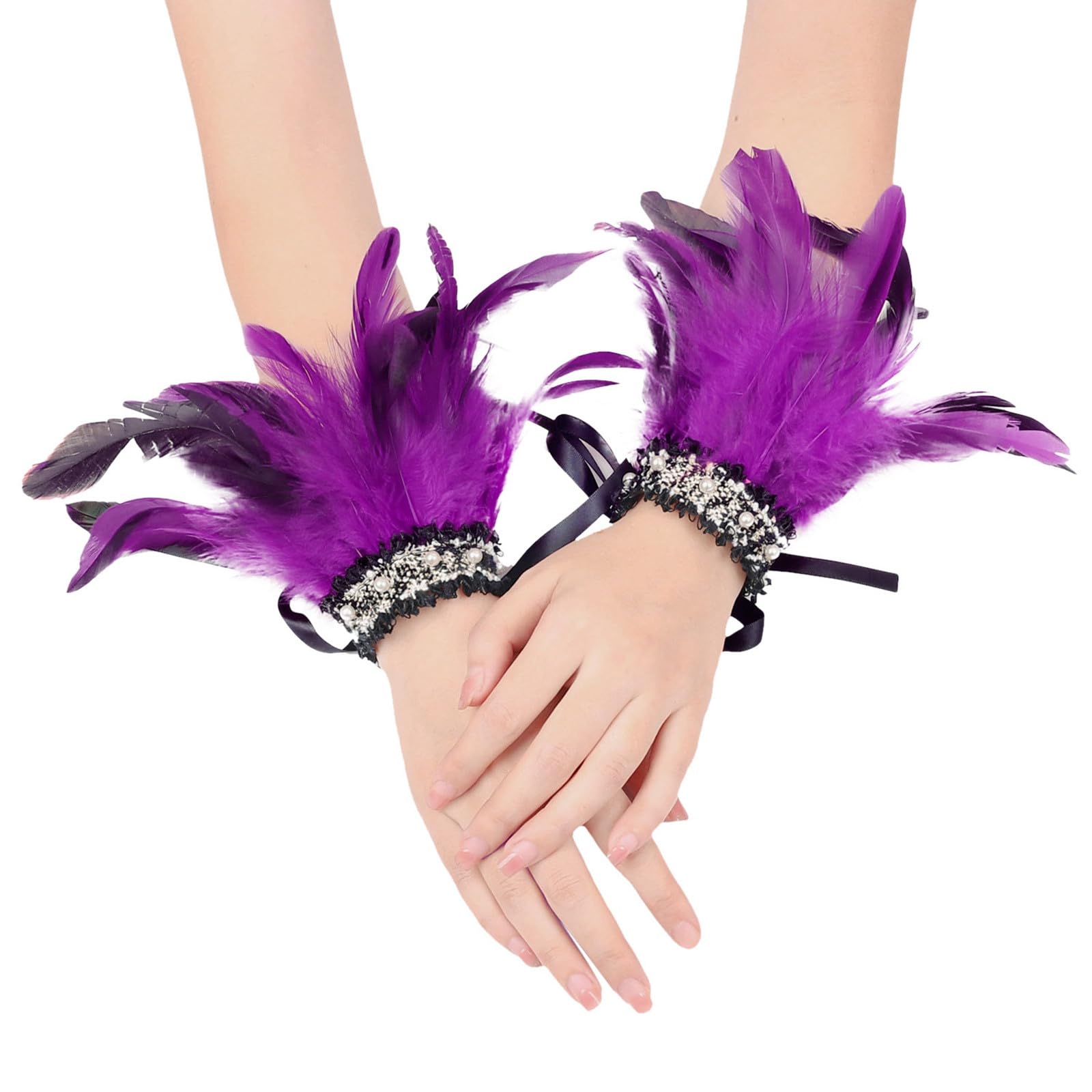 Bkazwe Damen Feder Manschetten Verstellbare Feder-Handgelenkmanschetten Manschetten Federn Gothic Federarmbänder Schwarze Spitze Manschetten Karneval Feder Manschetten Faschings Halloween Kostüm von Bkazwe