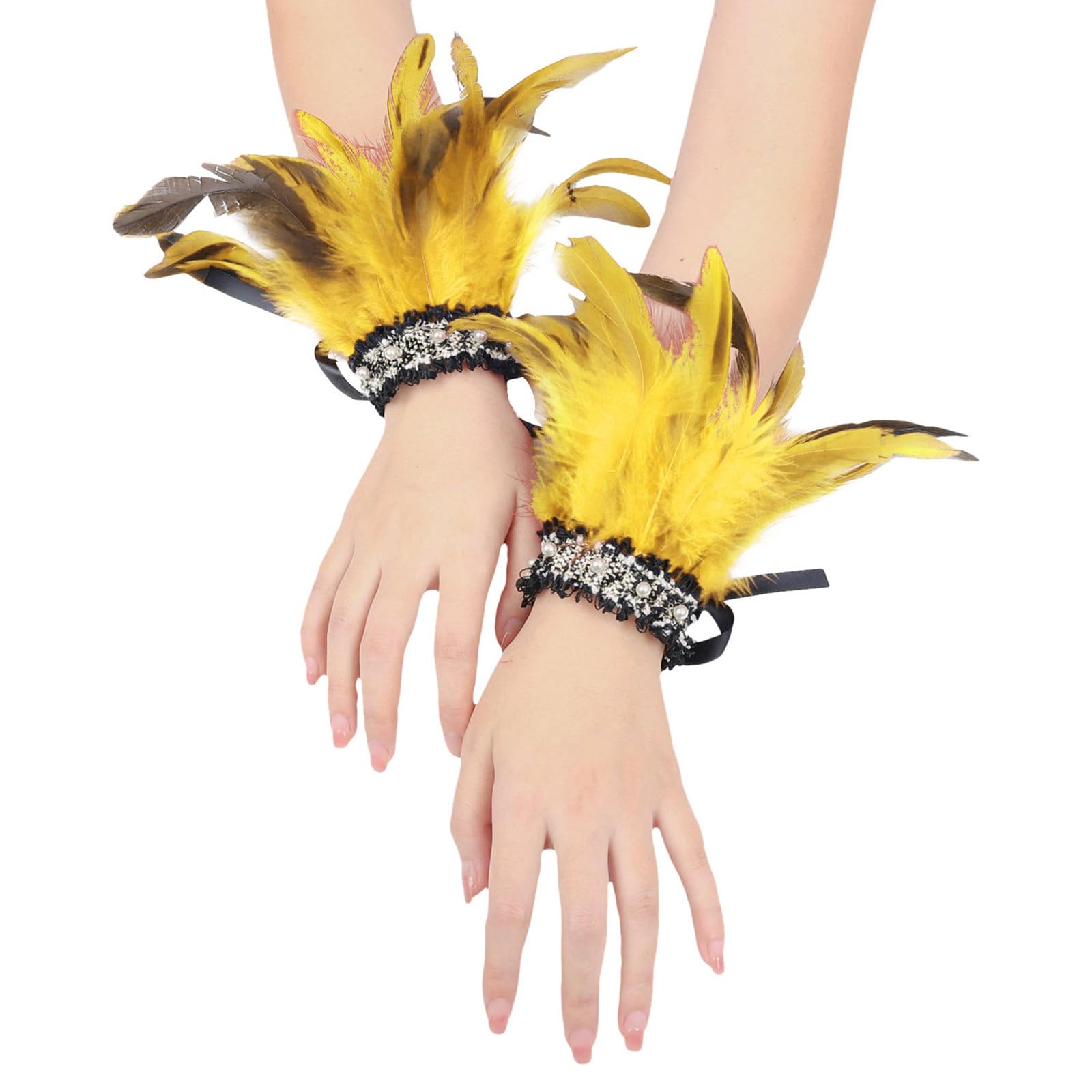 Bkazwe Damen Feder Manschetten Verstellbare Feder-Handgelenkmanschetten Manschetten Federn Gothic Federarmbänder Schwarze Spitze Manschetten Karneval Feder Manschetten Faschings Halloween Kostüm von Bkazwe