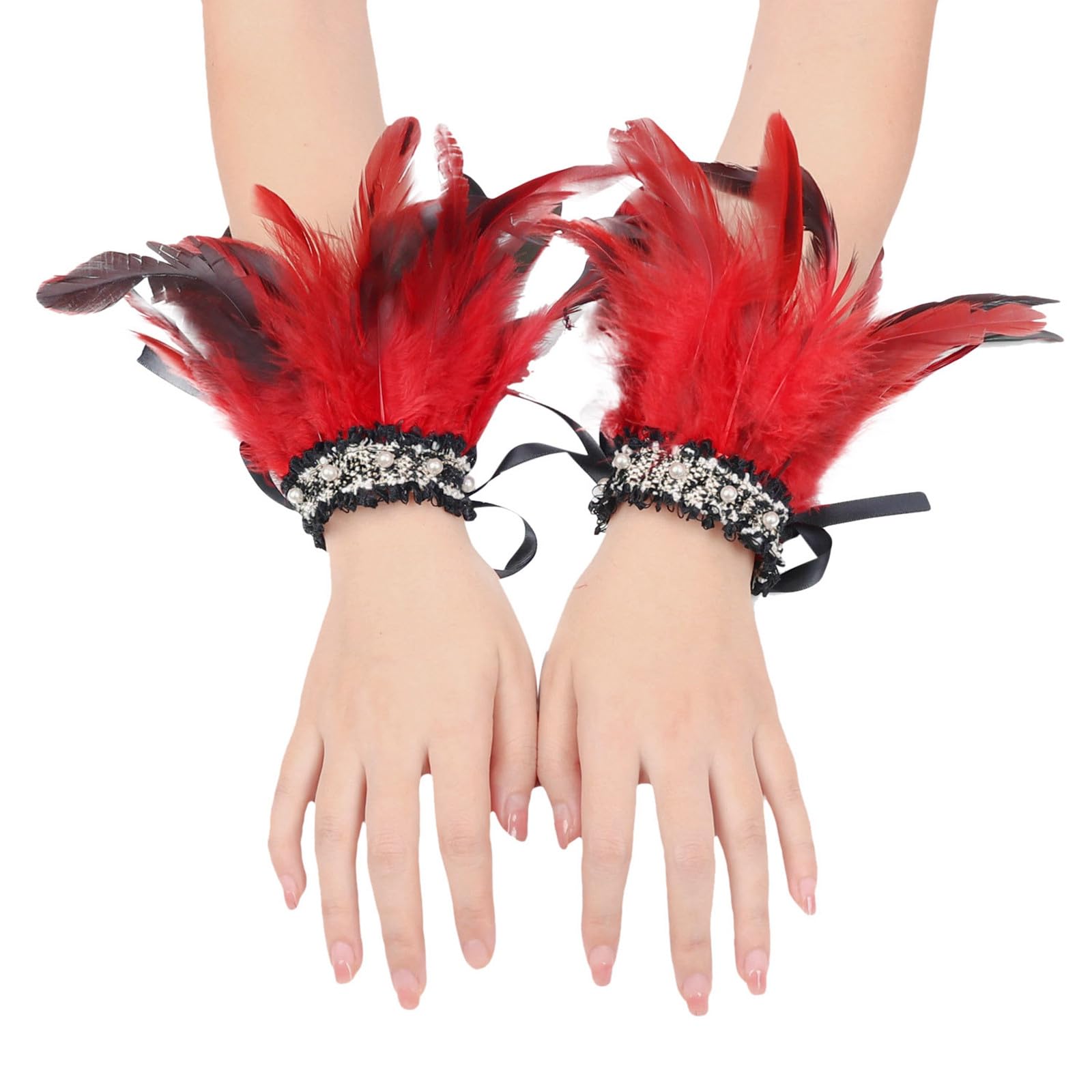 Bkazwe Damen Feder Manschetten Verstellbare Feder-Handgelenkmanschetten Manschetten Federn Gothic Federarmbänder Schwarze Spitze Manschetten Karneval Feder Manschetten Faschings Halloween Kostüm von Bkazwe