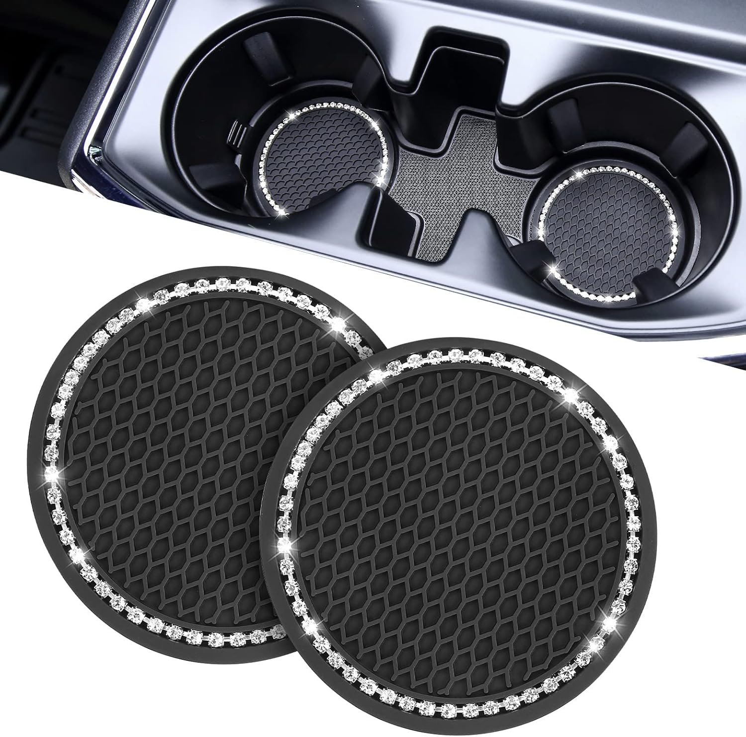 Auto-Tassenhalter-Untersetzer, Universal-Auto-Tassenhalter-Einsätze, rutschfeste Untersetzer für Kaffeetassen, Autozubehör für Frauen, 2er-Set, schwarz/glänzend (schwarz) von Bkemkri