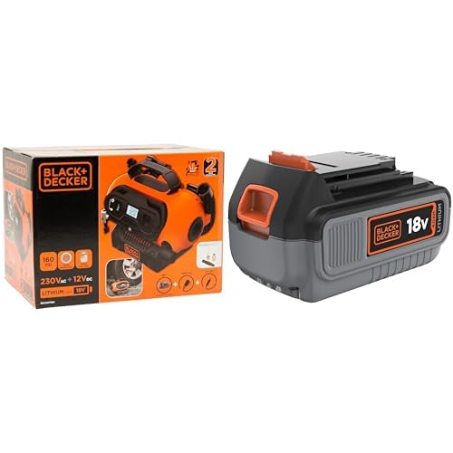 Black+Decker BDCINF18N-QS 11.0 Bar Kompressor/Luftpumpe (12V-/230V-Anschluss oder 18V Akku) & Li-Ion Akku (18V 4,0Ah, für alle 18V / F5 Gartengeräte und Elektrowerkzeuge, Bestandteil des 18V Li-Ion) von BLACK+DECKER