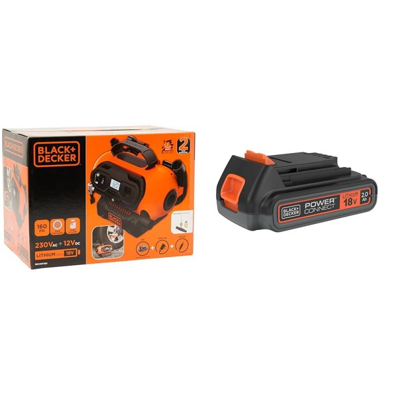 Black+Decker BDCINF18N-QS 11.0 Bar Kompressor/Luftpumpe (mögliche Stromquelle: 12V-/230V-Anschluss oder 18V Akku) & Li-Ion Slidepack Akku (18V 2,0Ah, passend für alle Black+Decker 18V-Gartengeräte) von BLACK+DECKER