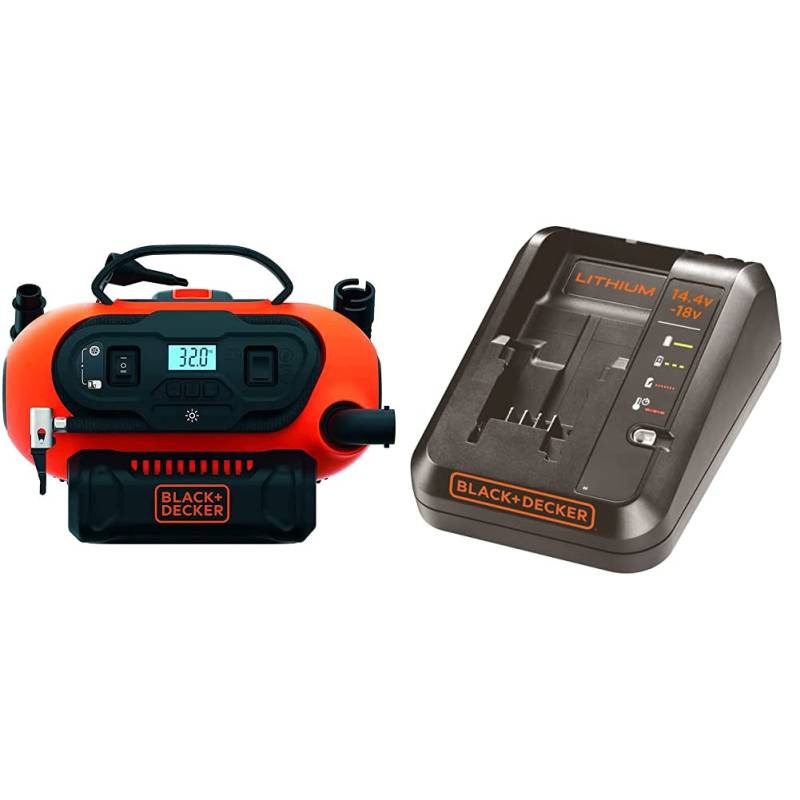 Black+Decker BDCINF18N-QS 11.0 Bar Kompressor/Luftpumpe (mögliche Stromquelle: 12V-/230V-Anschluss oder 18V Akku) & Multivolt-Schnellladegerät (für 14,4V Li-Ionen, 1Ah und 18V, 1Ah Akkuse) von BLACK+DECKER