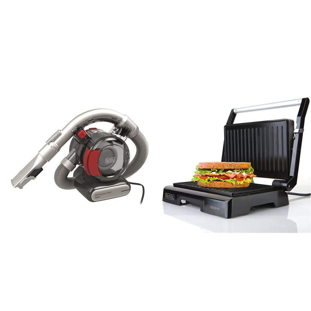 Black+Decker PD1200AV Auto-/Handstaubsauger (mit flexiblem Saugschlauch, beutellos, inkl. Fugendüse, Polsterbürste) + BXGR1000E Kontaktgrill (1000W, große Grillfläche, mit Kontrollleuchte) von BLACK+DECKER