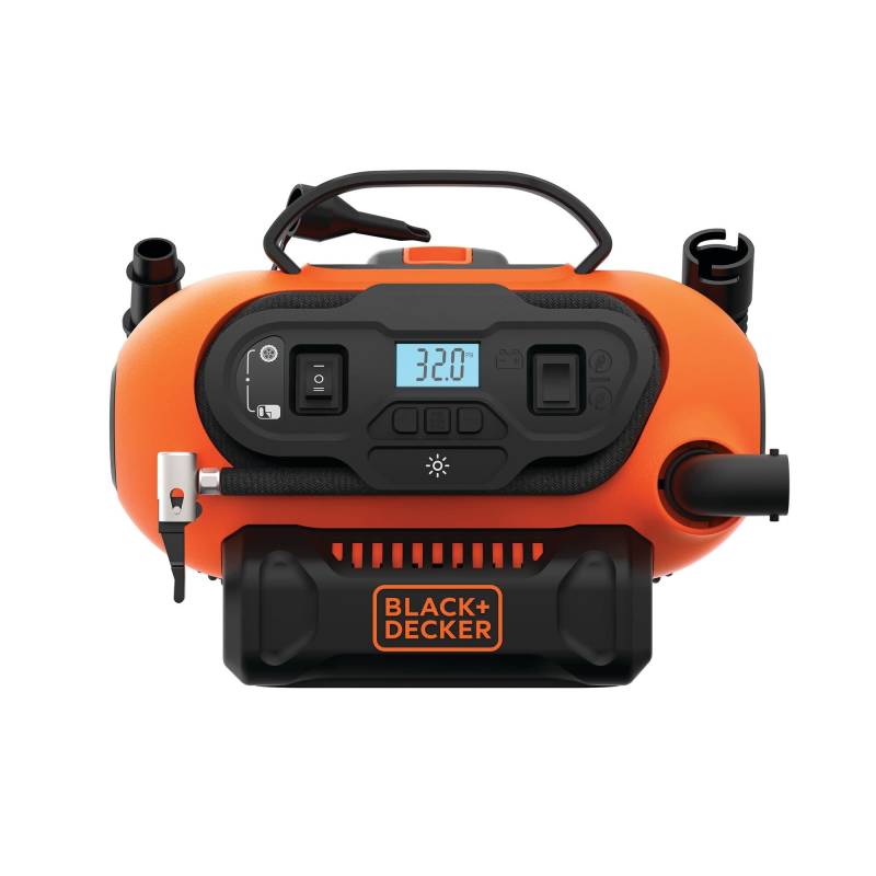 Black+Decker 11.0 Bar Kompressor/Luftpumpe BDCINF18N (mögliche Stromquelle: 12V-/230V-Anschluss oder 18V Akku, 160PSI, für Reifen, Bälle, Rollstühle, mit 2 Betriebsarten und Abpump-Modus) von BLACK+DECKER