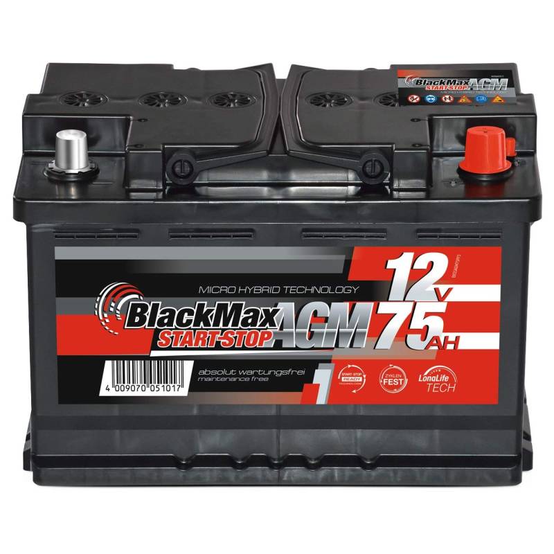 BlackMax AGM Autobatterie 12V 75Ah PKW Start-Stop Batterie ersetzt 70Ah 68Ah von BlackMax