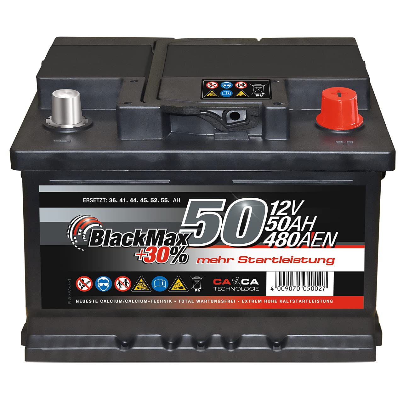 Autobatterie 12V 50Ah 480A/EN BlackMax Starter 30% mehr Leistung ersetzt 36Ah 41Ah 44Ah 45Ah, PKW von BlackMax