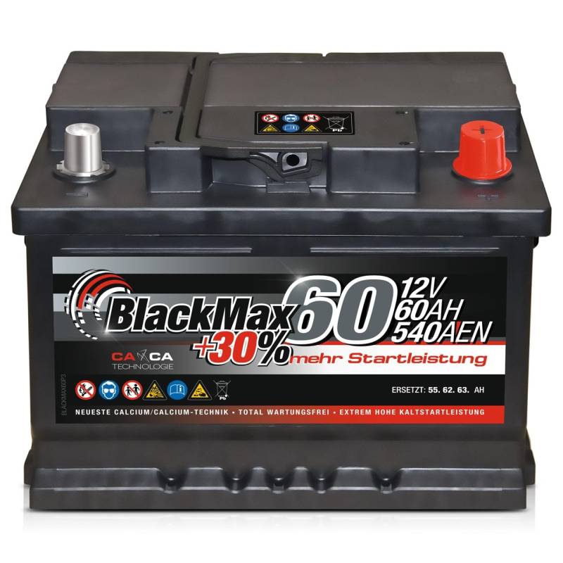 Autobatterie 12V 60Ah 540A BlackMax Starterbatterie ersetzt 55Ah 56Ah 61Ah 62Ah 63Ah, mit PKW von BlackMax