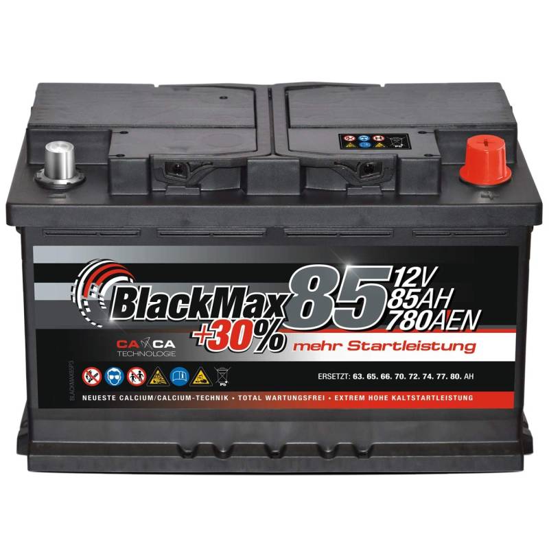 Autobatterie 12V 85Ah BlackMax + 30% Edition Starterbatterie ersetzt 74Ah 75Ah 77Ah 80Ah, kompatible mit PKW von BlackMax