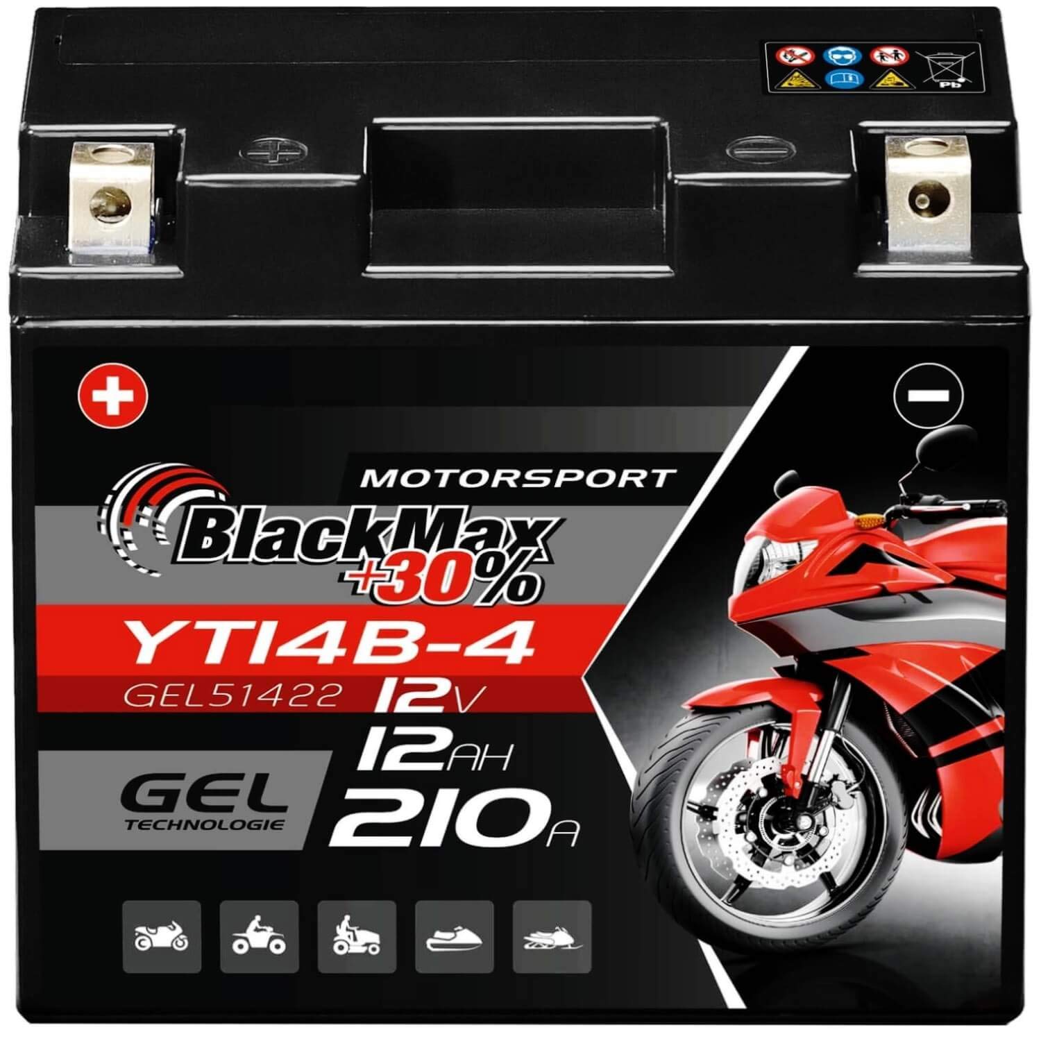 BlackMax YT14B-4 GEL Motorradbatterie 12V 12Ah Batterie 51422 von BlackMax