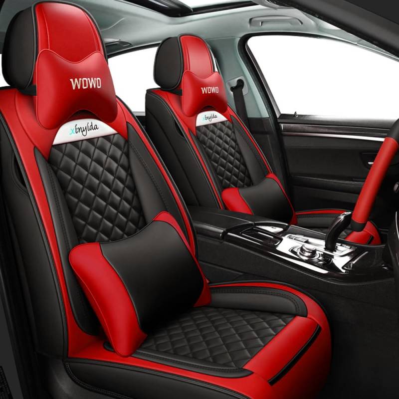 Blackwheel Autositzbezug Für SEAT Ateca Komplettset 5 Sitze Allwettereinsatz Auto PU Ledersitzbezug Vorne und Hinten 5 Stück,Deluxe Version - Schwarz rot von Blackwheel