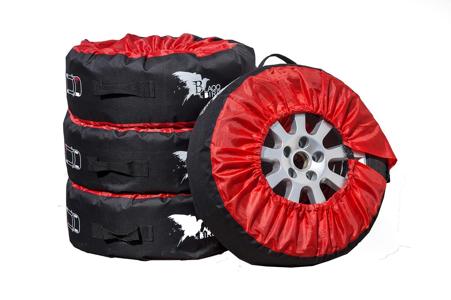 Blaqqbird Reifentaschen Set als praktische Autoreifen Schutzhülle - 4 Reifenschutzhüllen für Sommer- und Winterreifen - Reifenaufbewahrung mit Aussparung für Reifenbaum | 13"-16" | Reifen Abdeckung von Blaqqbird