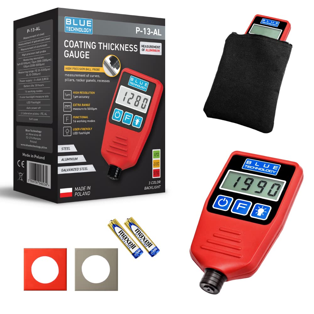 Blue Technology P13-AL Professional Schichtdickenmessgerät Lackdickenmessgerät Kugelsonde | Stahl & Aluminium | Coating thickness gauge | Lacktester für Auto | Hergestellt in EU, Rot von Blue Technology