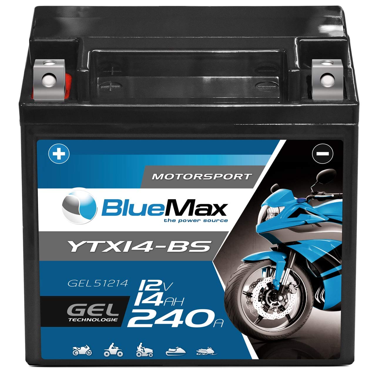 BlueMax +30 Motorsport Motorradbatterie GEL 12V 14Ah YTX14-BS von BlueMax