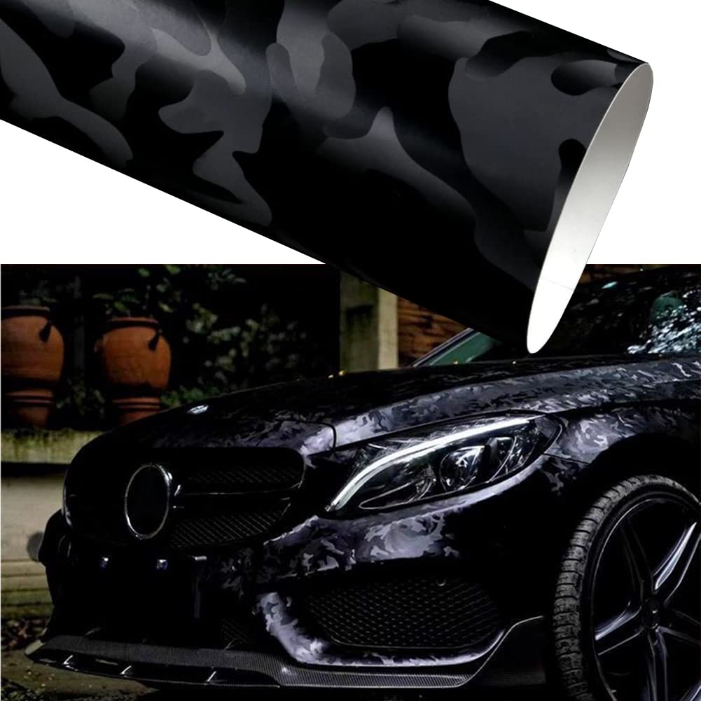 Blueshyhall Auto Folierung Camouflage Schwarz Glänzend mit Selbstklebend, Auto Vinylfolie Schutzfolie Schwarz, Camouflage Aufkleber Außen für Auto Fahrrad (30 x 152cm) von Blueshyhall