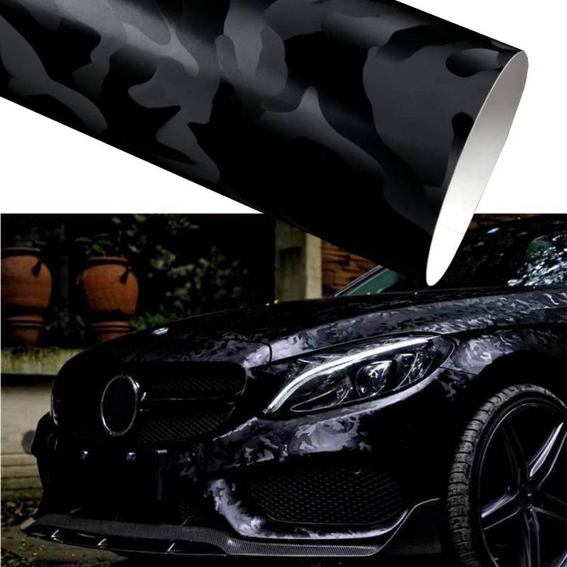 Blueshyhall Auto Folierung Camouflage Schwarz Glänzend mit Selbstklebend, Auto Vinylfolie Schutzfolie Schwarz, Camouflage Aufkleber Außen für Auto Fahrrad (45 x 152 cm) von Blueshyhall