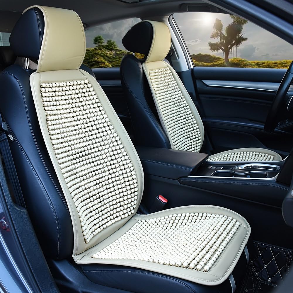 Blueshyhall Auto Sitzbezug mit Massage, 1 Stück Coole Atmungsaktive Autositzbezüge Sitzauflage Auto Vordersitze Holzperlen Sitzauflage Universalle Massagekissen für Auto, Büro (Beige) von Blueshyhall