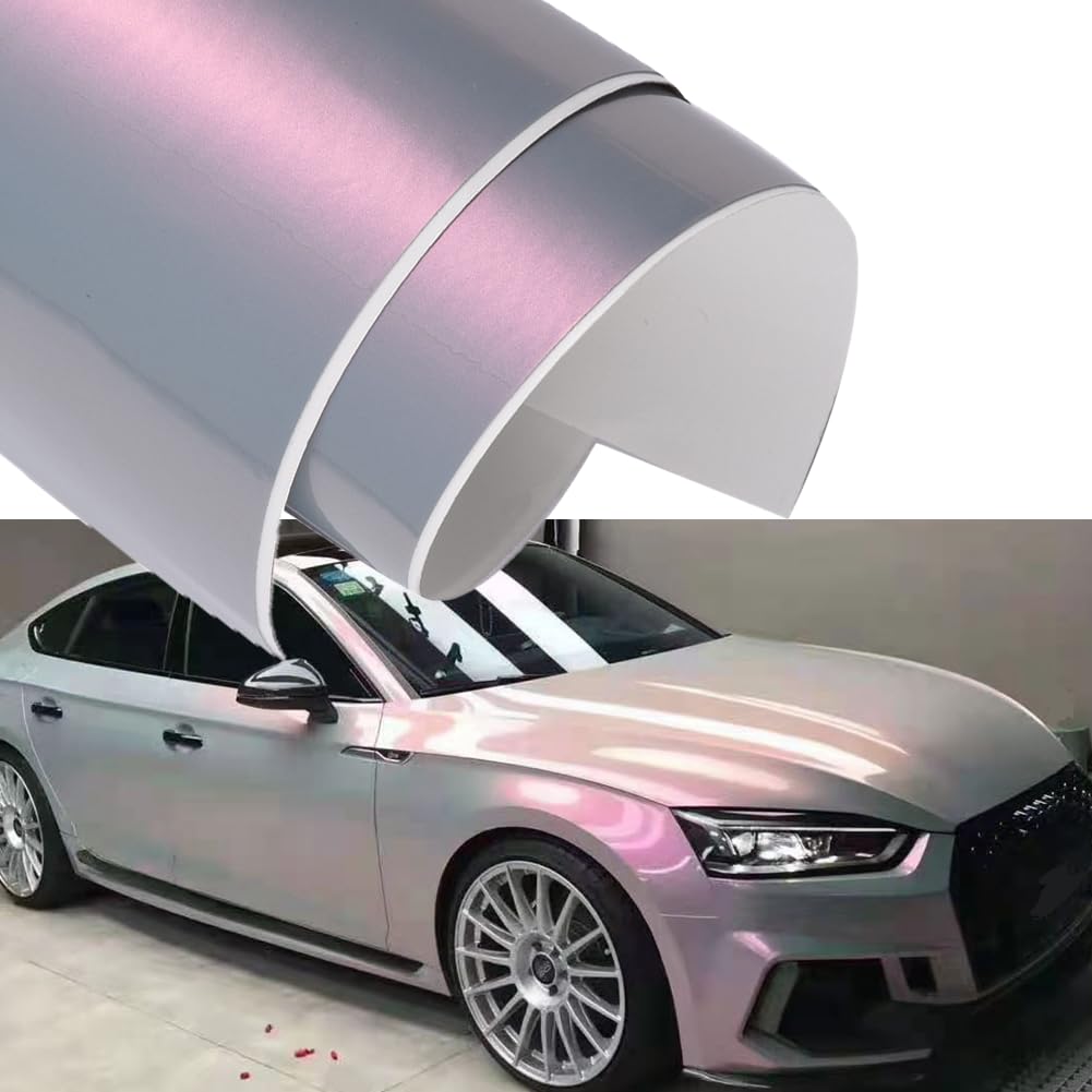 Blueshyhall Autofolie Chamäleon Effekt, Autofolie Glänzend Rosa und Grau, Car Wrapping Folie Metallic, Auto Folie Verlauf mit Selbstklebend und Luftkanälen, Auto Folie Aussen Wasserfest (75 x 152 cm) von Blueshyhall