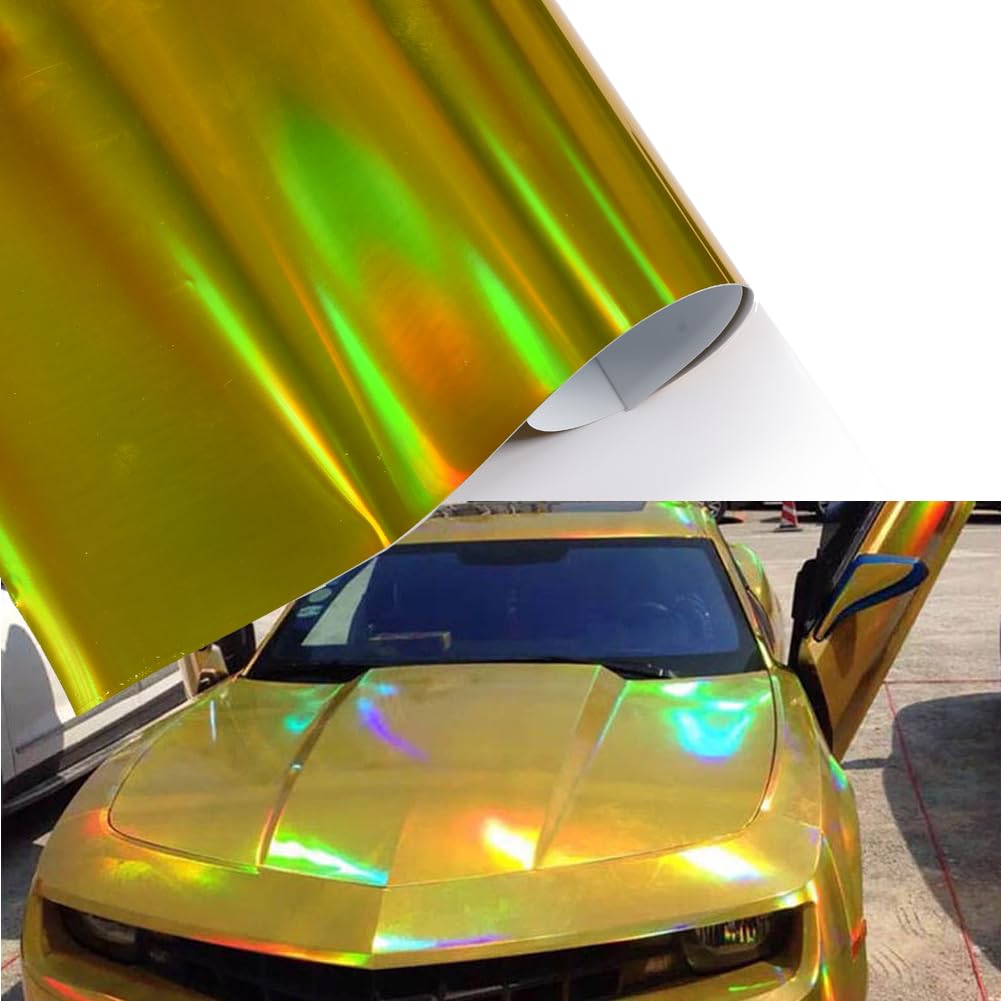 Blueshyhall Autofolie Gold Metallic mit Regenbogen Effekt, Car Wrapping Folie Gelb Glänzend, Auto Folierung Folie Gold, Car Wrapping Film mit Selbstklebend Wasserfest Innen Aussen (75 x 152 cm) von Blueshyhall