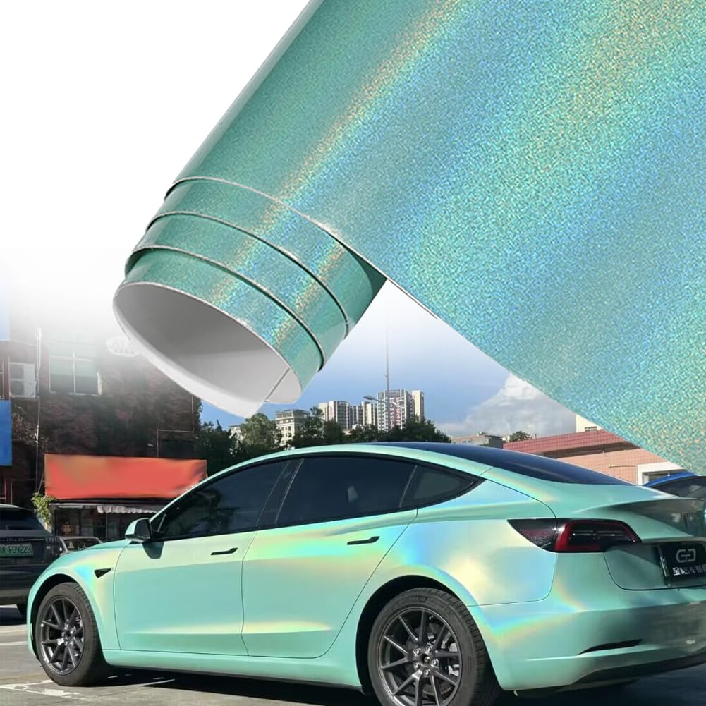 Blueshyhall Autofolie Grün Glitzer, Autofolie Grün Glänzend mit Regenbogen Effekt, Car Wrapping Folie Metallic Bunt Selbstklebend, Tuning Folie Innen Außen für Auto Motorrad Fahrrad (30 x152cm) von Blueshyhall