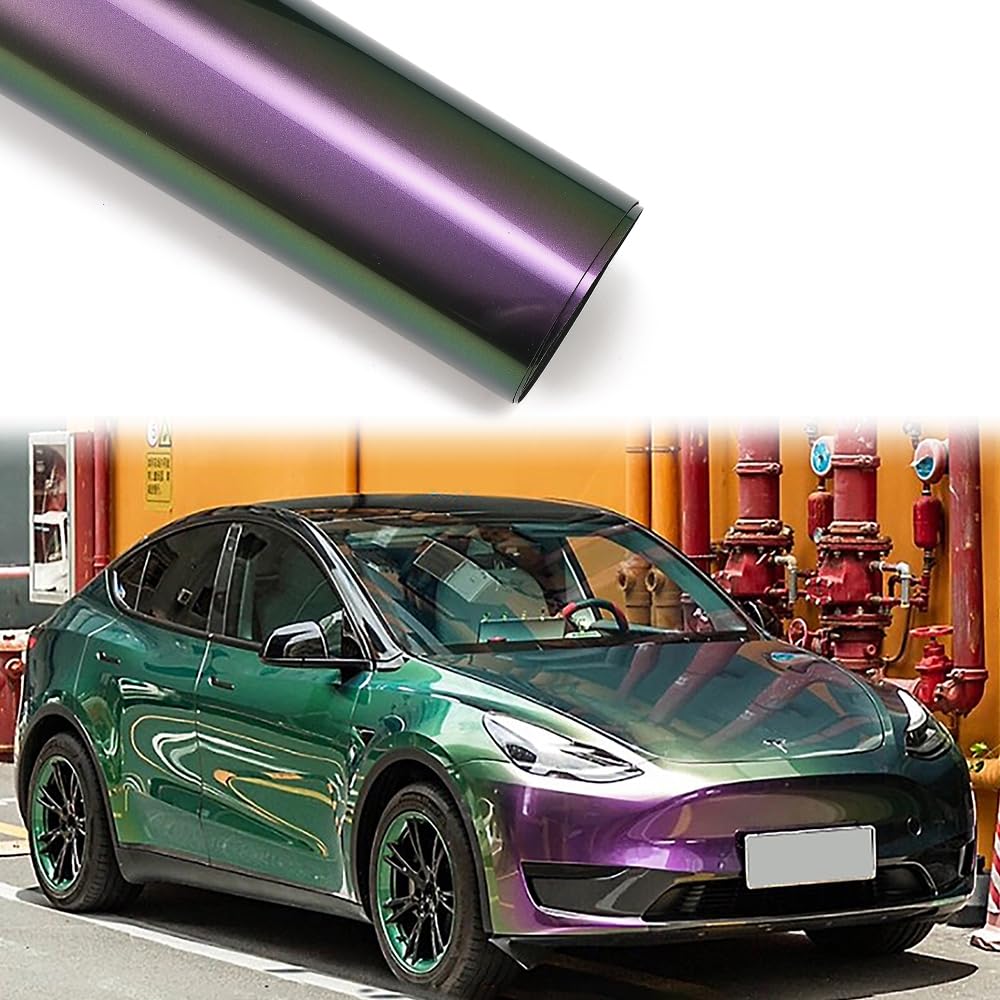 Blueshyhall Autofolie Lila Grün Glanz Metallic, Car Wrapping Folie mit Chamäleon Effekt, Verlauf Tuning Folie Innen Außen Selbstklebend Wasserfest Kratzfest mit Luftkanälen (30 x 152 cm) von Blueshyhall