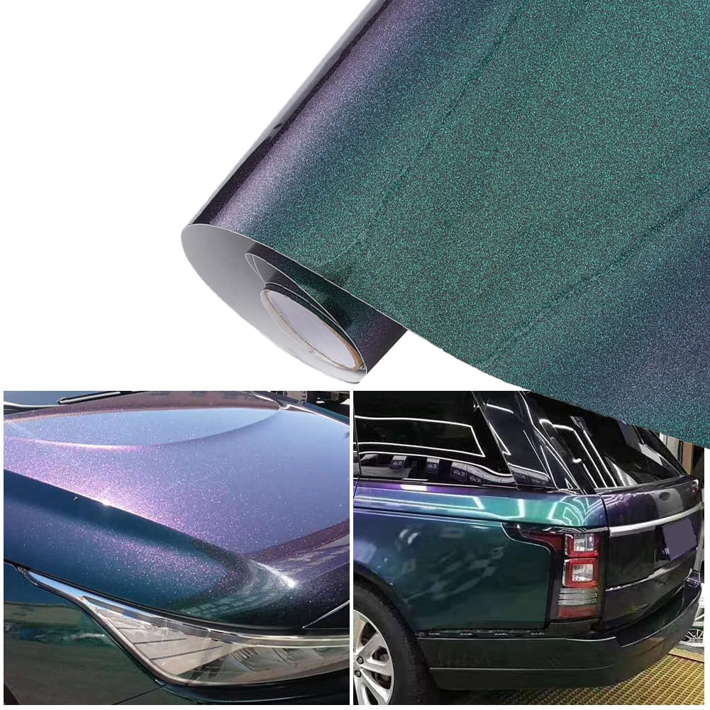 Blueshyhall Autofolie Lila und Grün Glänzend, Car Wrapping Folie Glitzer mit Chamäleon Effekt, Tuning Folie Selbstklebende Wasserfest Innen Außen für Auto, Motorrad, Fahrrad (30 x 152 cm) von Blueshyhall