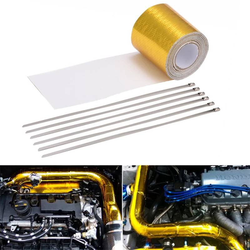 Blueshyhall Hitzeschutzband Auspuff, 5M x 5cm Auspuffband Hitzebeständig Widersteht bis zu 450 Grad Celsius, Auspuffband Selbstklebend mit 6 Kabelbinder für Auto Motorrad Krümmer (Gold) von Blueshyhall