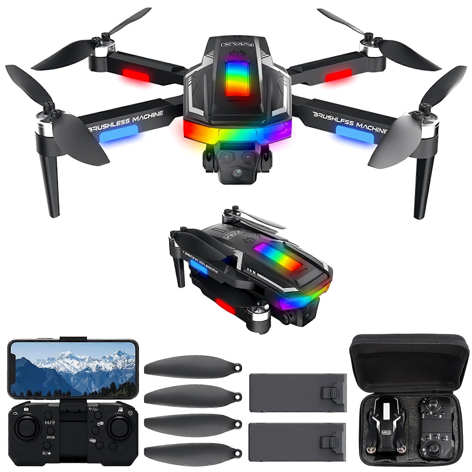 Faltbare Bürstenlos Drohne für Anfänger, Wi-Fi FPV Drohne mit Weitwinkel 1080P HD Kamera, 3D Flip, Schwerkraftsensor, Ein-Tasten Start/Landung, Follow Me, Gestenfoto, Duale Kameras, 2 Batterien von Blumacht