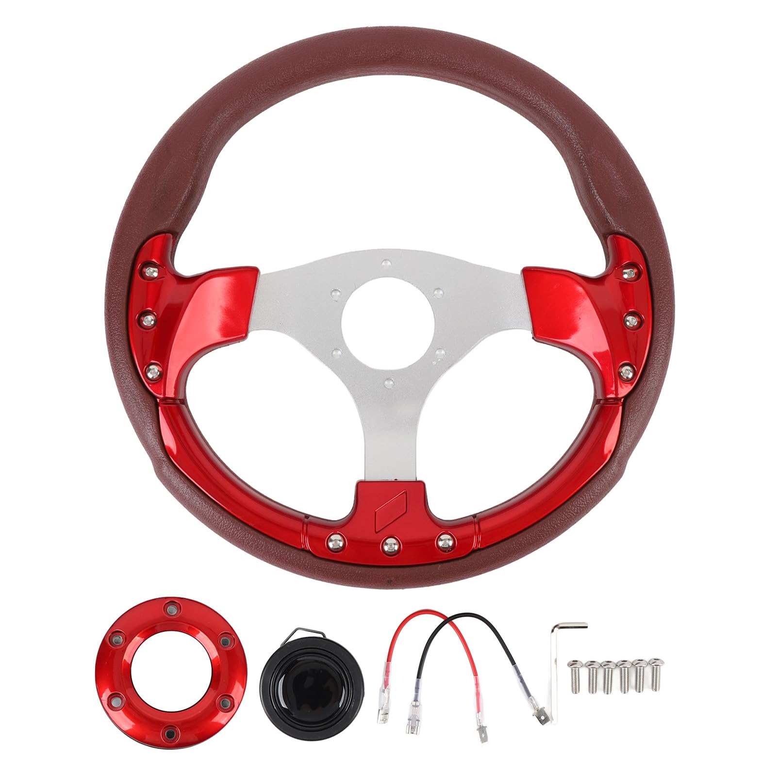 13in Universal Racing Lenkrad, Stoßfest Aluminium PU Leder Sport Style Lenkrad für Fahrzeug mit 6 Loch Naben Adapter (Rot) von Bnineteenteam