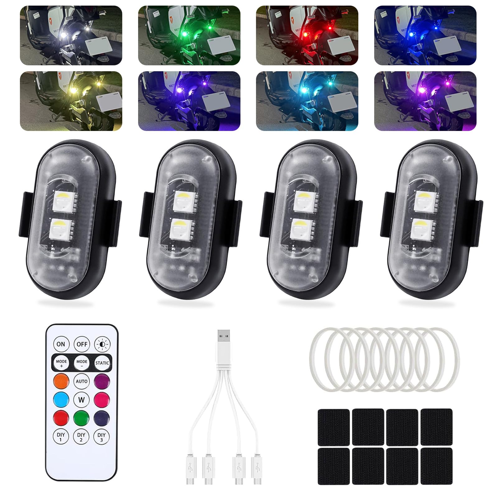 Bocguy 4 Stück Drahtloses Auto LED-Blitzlichter 8 Farben, Led Aircraft Strobe Lights mit Fernbedienung und USB-Aufladung, Wasserdicht Blitzlicht für Auto, Drohne, LKW, Motorrad, Fahrrad von Bocguy