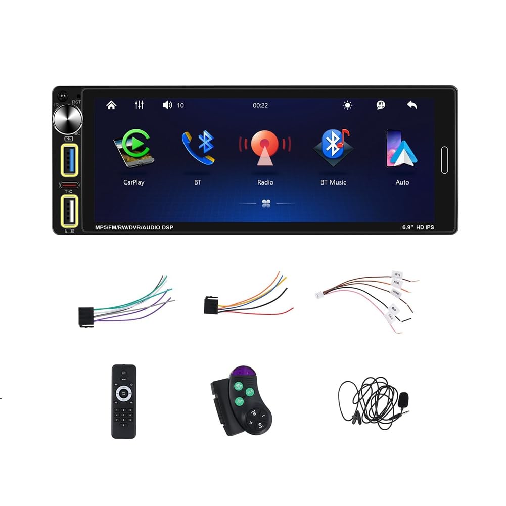 Boddceto Einzel-Din-Autoradio mit Carplay Android Auto, 6,9 IPS-Touchscreen, Autoradio, Bluetooth, FM, AM, USB, SWC von Boddceto