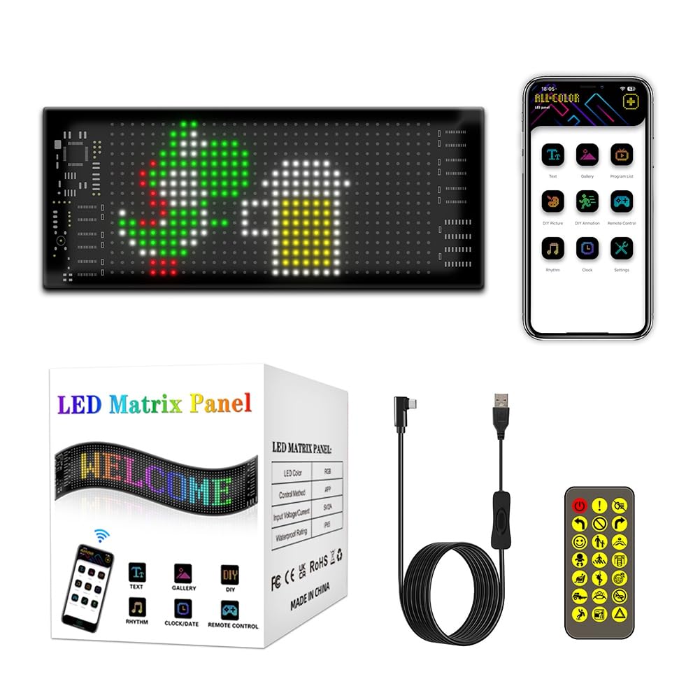 Boddceto LED-Matrix-Panel, Flexibles Bildschirmdisplay, Windschutzscheiben-Scrolling-Werbung, LED-Autoschild, RGB, DIY-App-Steuerung, Signallicht von Boddceto